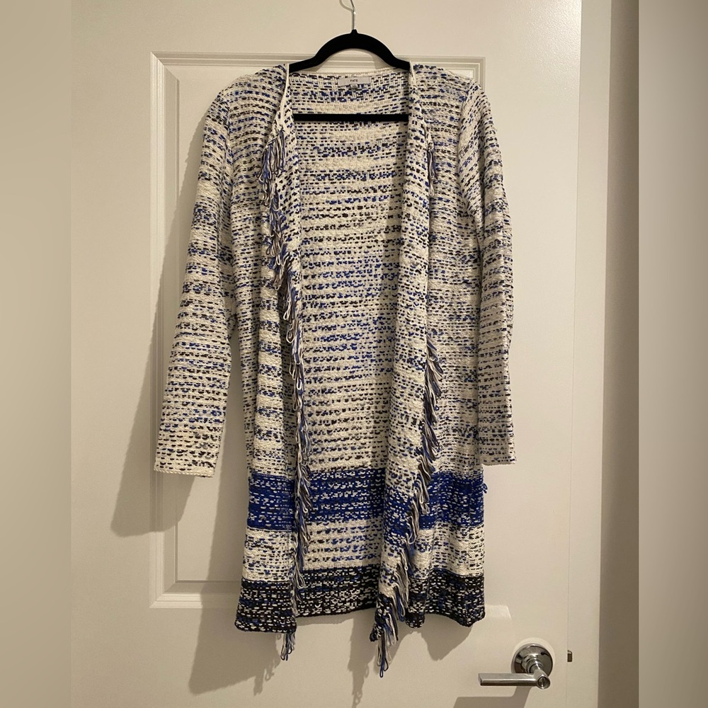 Fate Blue and Cream Fringe Cardigan Sweater